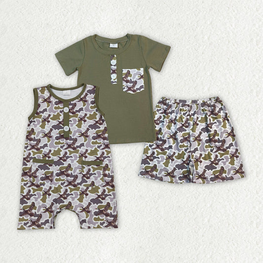Sibling Baby Boys Green Camo Ducks Pocket Button Top Short Hunting Clothes Set Rompers