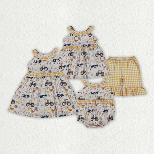 Sibling Baby Girls Pigs Cows Tunic Checked Ruffle Short Farm Clothes Set Rompers