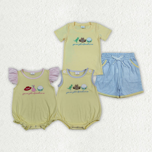 Sibling Embroidery Got a Friend Top Pockets Short Clothes Set Rompers