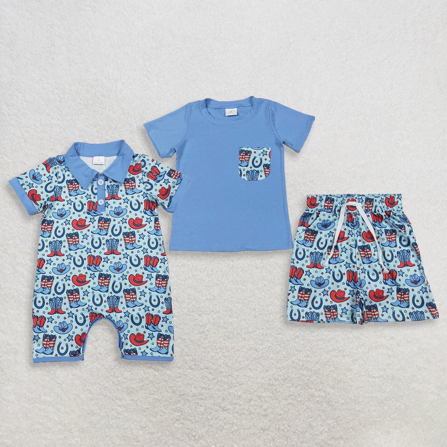 Sibling Baby Boys Flags Boots Pocket Top Short Western 4th of July Clothes Set Rompers