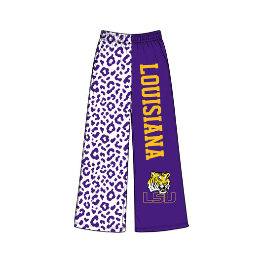 Preorder (moq5) Baby Girls Purple Leopard Louisiana Team Pockets Flare Pants Bottom