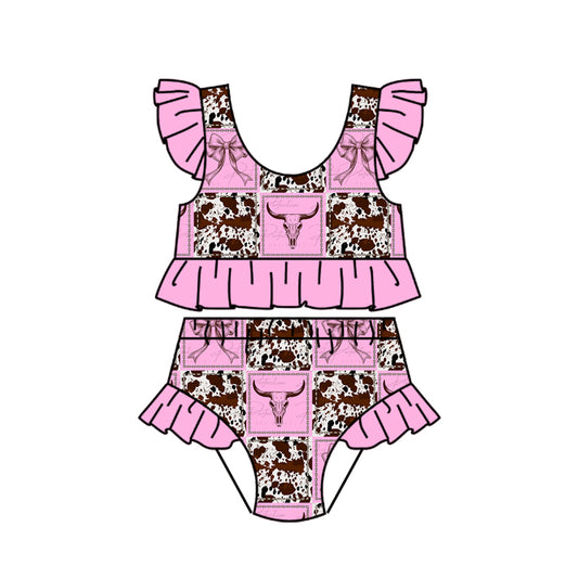 Preorder (moq 5)Baby Girls Pink Bows Bull Skulls Vests Bummies Western Swimsuits