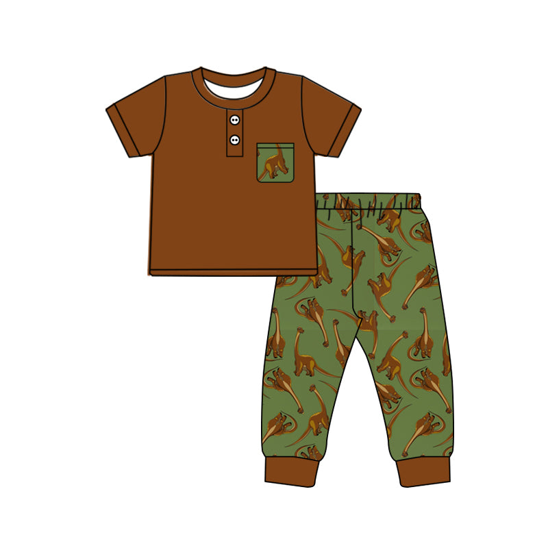 Baby Boys Brown Green Dinosaur Pocket Top Pants Pajamas Clothes Sets preorder(MOQ 5)