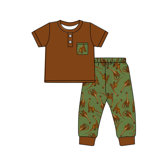 Baby Boys Brown Green Dinosaur Pocket Top Pants Pajamas Clothes Sets preorder(MOQ 5)