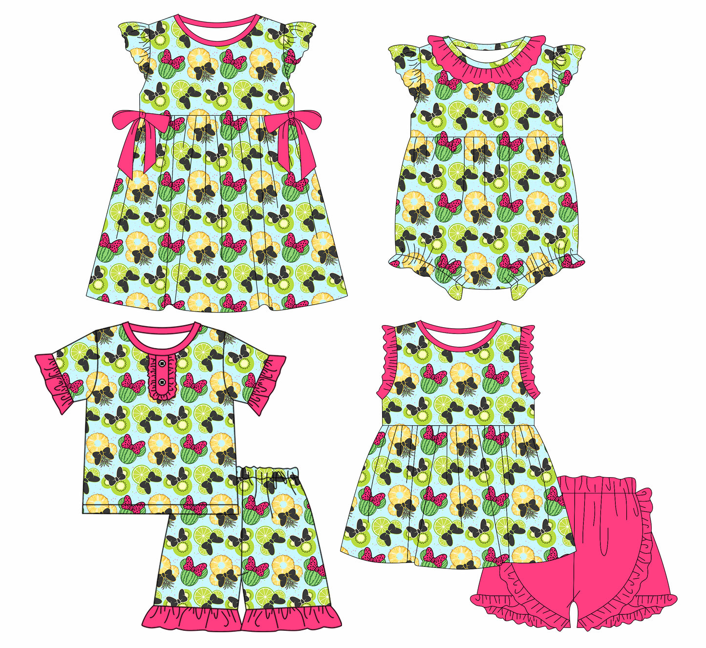 Preorder moq 5 Custom Baby Girls Green Short Sleeves Cartoon Mouse Watermelons Lemons Top Short Set Knee Length Dress Ruffle Rompers
