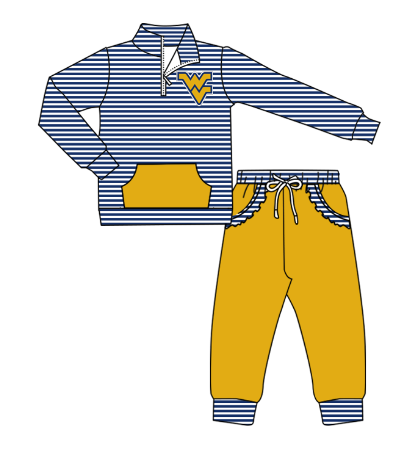 Preorder (moq 5)Baby Girls Blue Stripe WV Zip Pullover Pockets Jogger Team Clothes Sets
