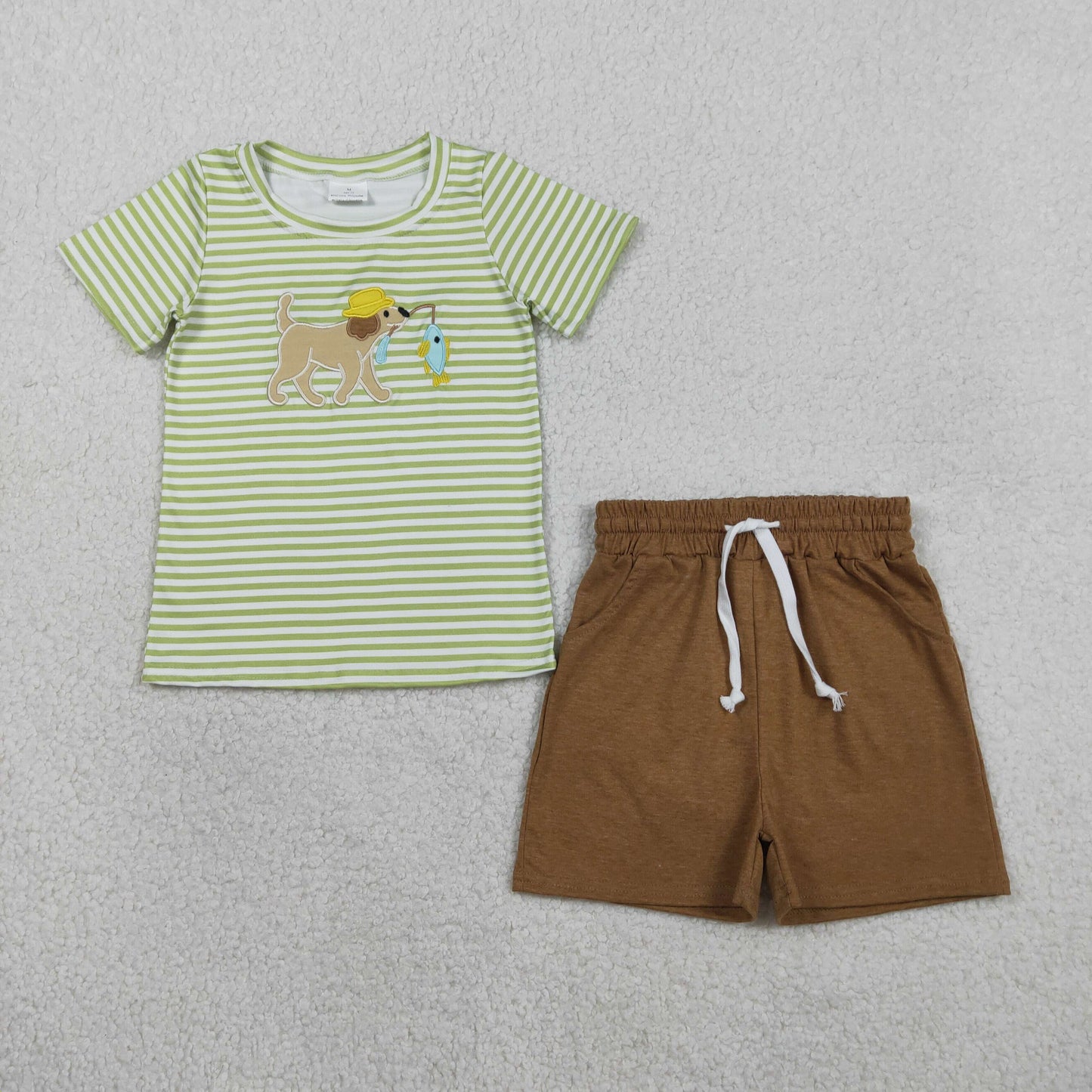 Embroidery Dog Fishes Baby Boys Green Stripe Top Pockets Shorts Hunting Clothes Sets