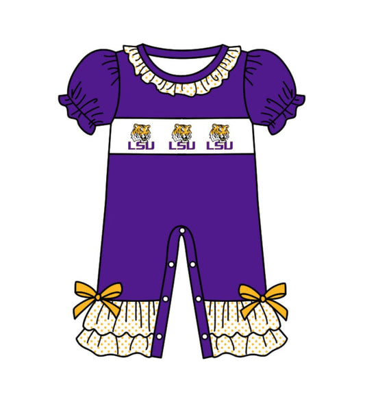 Preorder(moq 5)Baby Infant Girls LSU Tiger Team Purple Checkered Sleepers Rompers