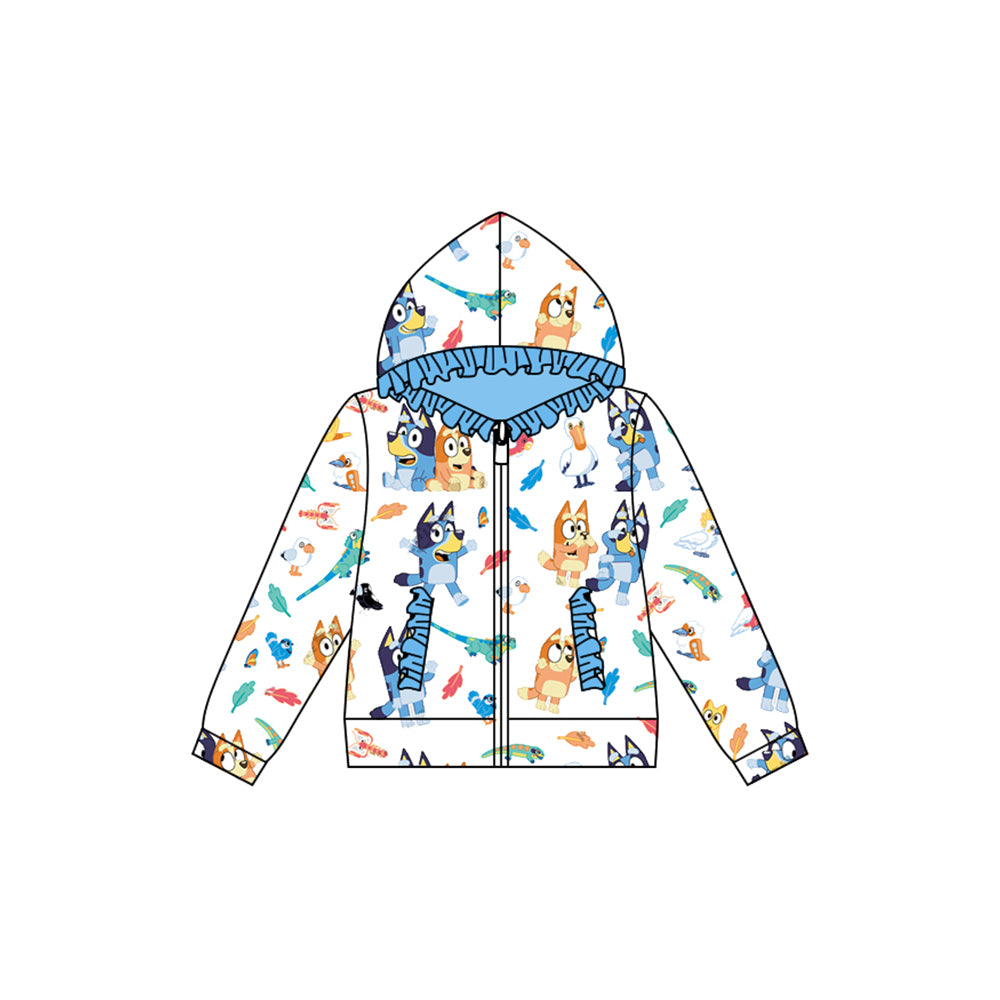Preorder (moq 5)Baby Girls Blue Dogs Hooded Zip Ruffle Tops Jackets