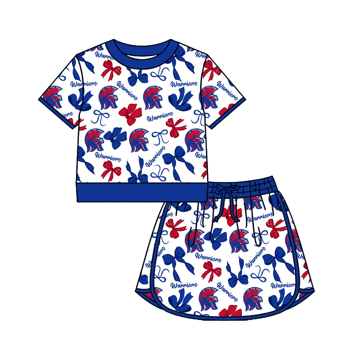 Preorder (moq 5)Baby Girls Bows Warriors Top Skirt Short Team Clothes Set