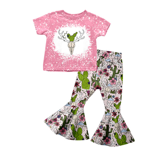 Baby Girls Western Pink Cow Cactus Tee Top Bell Pants Clothes Sets preorder(moq 5)