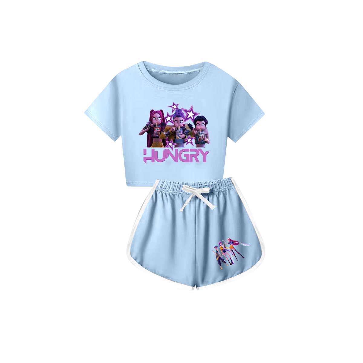 Preorder(moq 5) Baby Girls Cartoon Girls Hungry Top Shorts Light Blue Clothes Sets