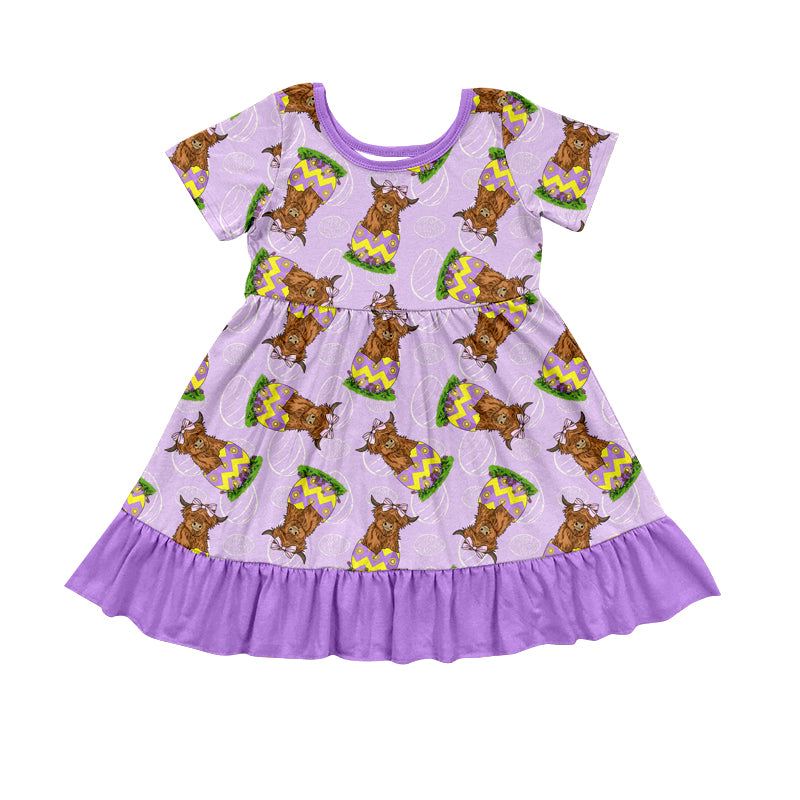 Girls Baby Kids Easter Purple Highland Cow Ruffle Dresses Clothing preorder(MOQ 5)