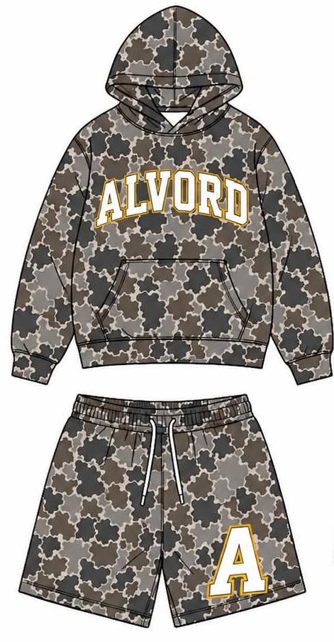 Preorder (moq 5)Baby Boys Brown Camo Alvord Pocket Hoodie Short Team Clothes Sets