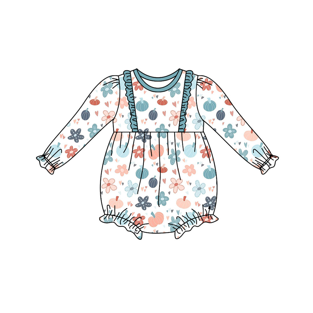 Baby Girls Fall Blue Pumpkins Flowers Print Long Sleeve Rompers preorder(moq 5)