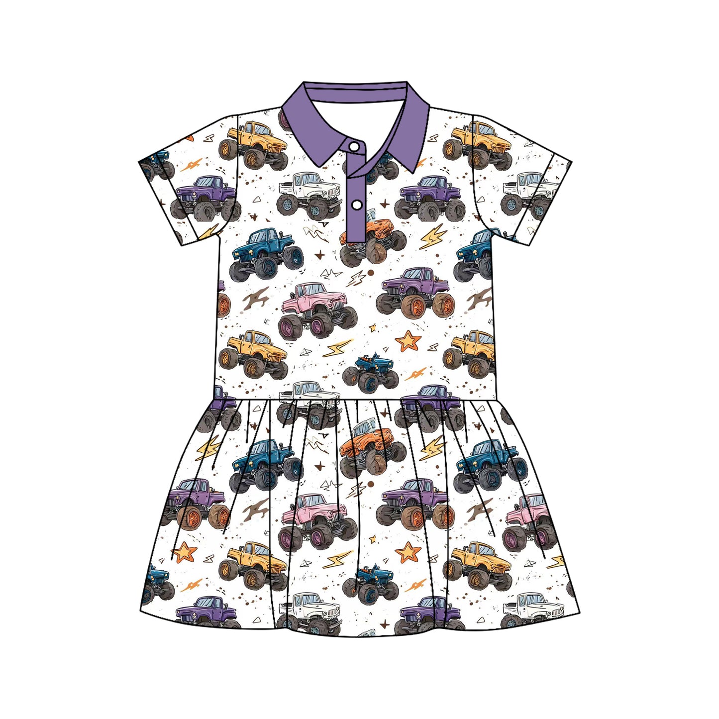 Preorder (moq 5)Baby Girls Short Sleeve Stars Motors Button Knee Length Dresses