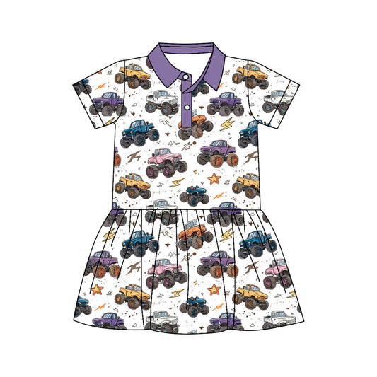 Preorder (moq 5)Baby Girls Short Sleeve Stars Motors Button Knee Length Dresses