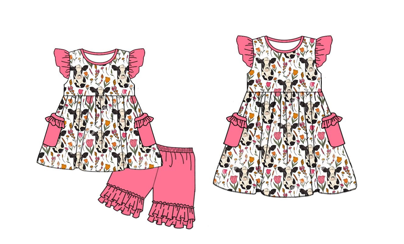 Preorder moq 5 Custom Baby Girls Pink Cows Floral Pockets Tunic Ruffle Short Set Knee Length Dresses