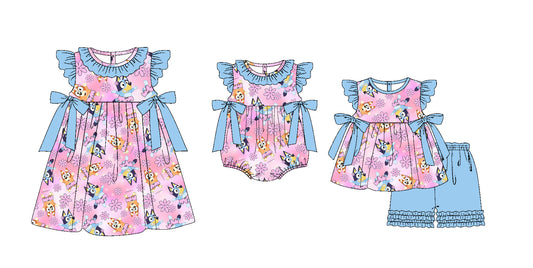 Preorder(moq 5 each)Sibling Baby Girls Cartoon Dogs Flowers Pink Bows Romper Dress Shorts Sets