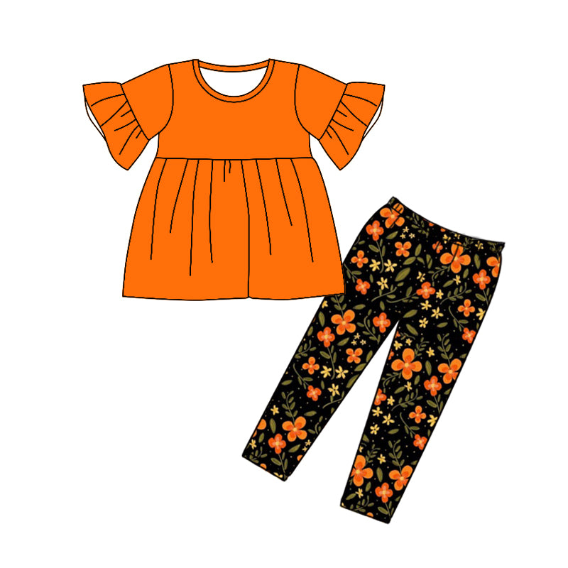 Baby Girls Orange Tunic Dark Flowers Pants Clothes Sets Preorder(moq 5)