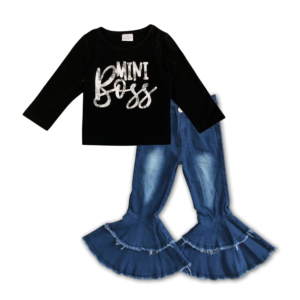 Baby Girls Mini Boss Long Sleeve Tee Shirts Tops Bleached denim pants sets preorder(moq 5)