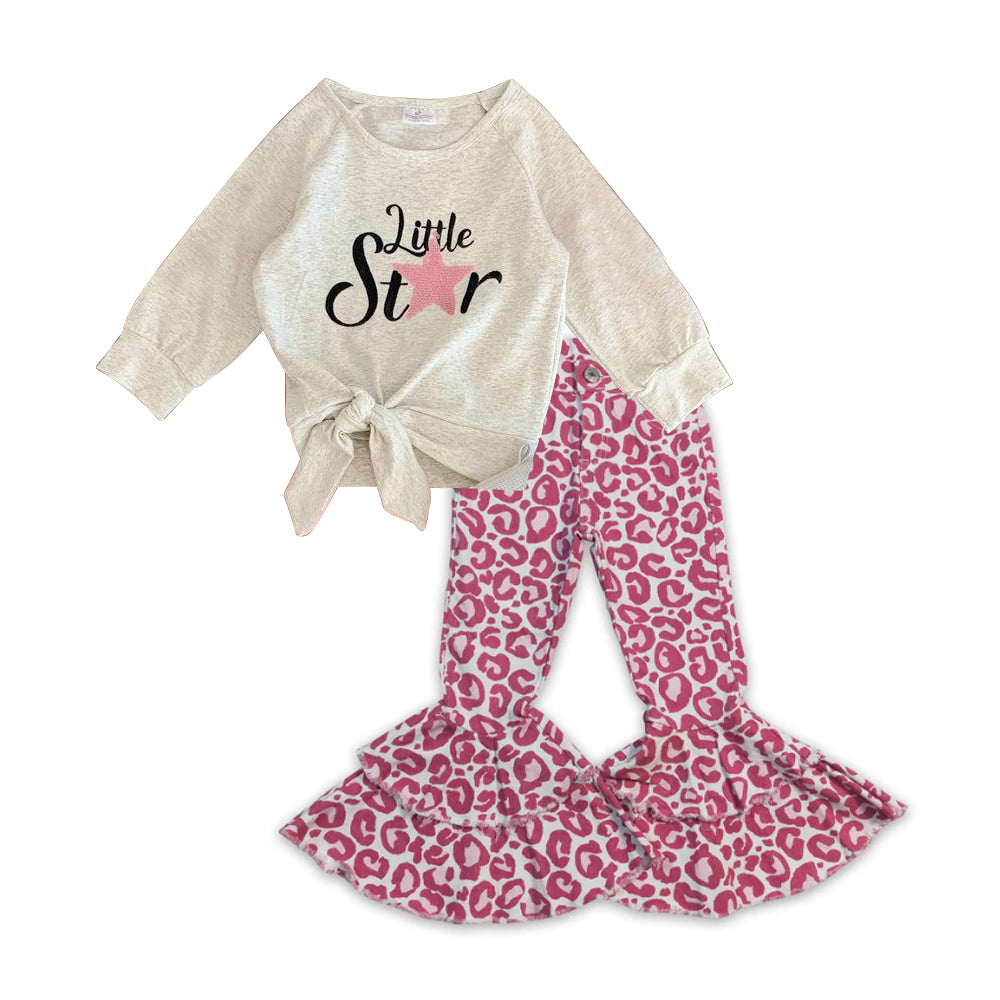 Baby Girls Little Star Long Sleeve Tee Shirts Tops Pink Leopard denim pants sets preorder(moq 5)