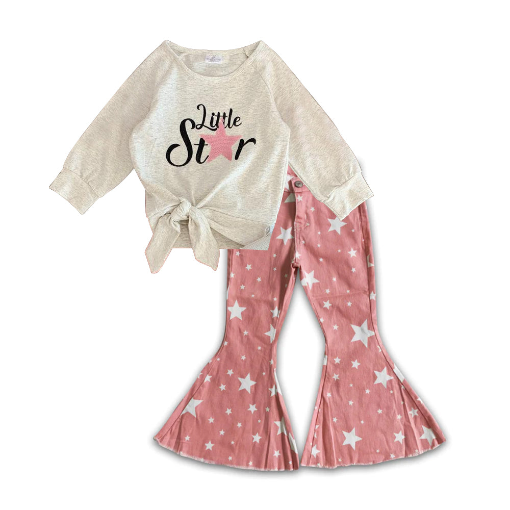 Baby Girls Little Star Long Sleeve Tee Shirts Tops Pink denim pants sets preorder(moq 5)