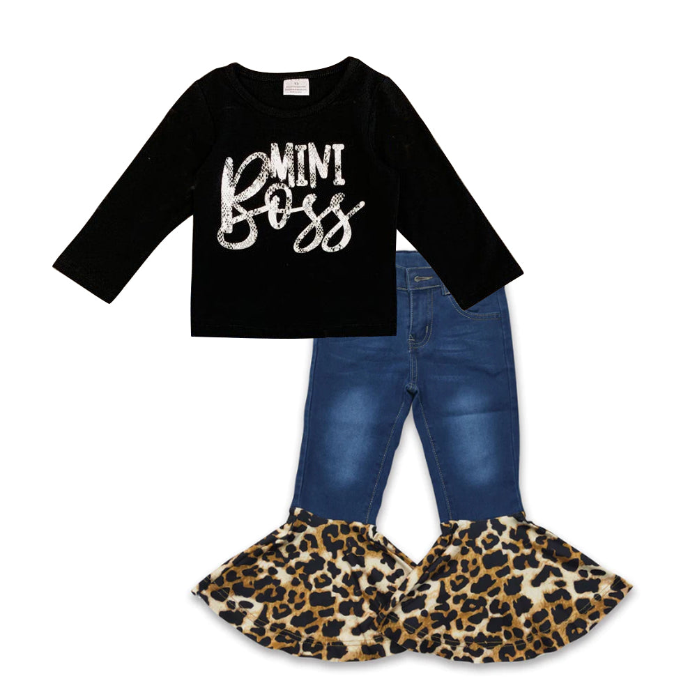 Baby Girls Mini Boss Long Sleeve Tee Shirts Tops Ruffle denim pants sets preorder(moq 5)