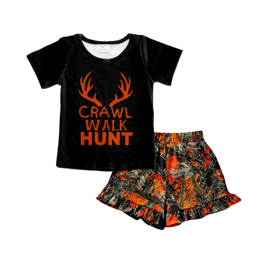 Baby Girls Orange Hunt Shirts Top Camo Shorts Summer Clothes Sets Preorder(moq 5)