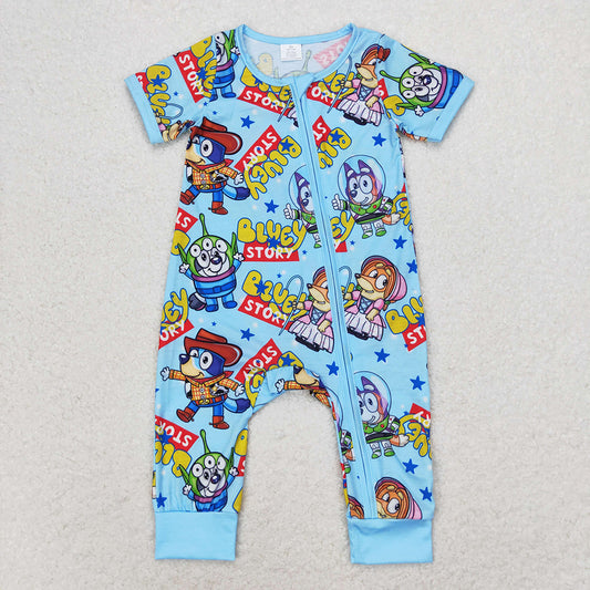 USA Shop Baby Infant Boys Dogs Blue Short Sleeve Zip Bamboo Rompers