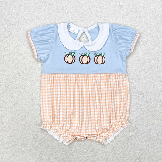 Baby Infant Girls Fall Pumpkin Checkered Short Sleeve Rompers