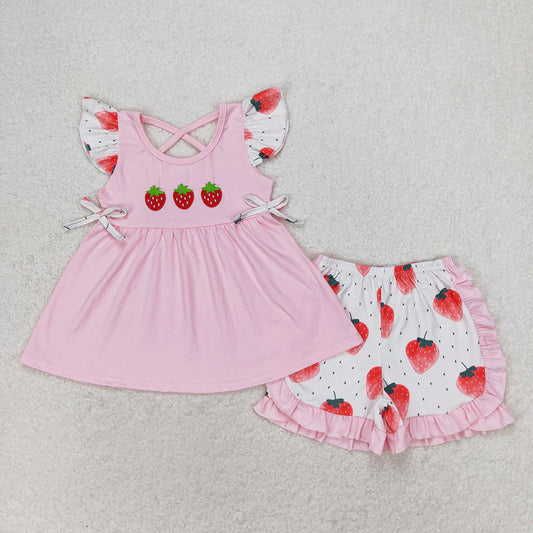 Baby Girls Pink Strawberry Tunic Ruffle Shorts Clothes Sets