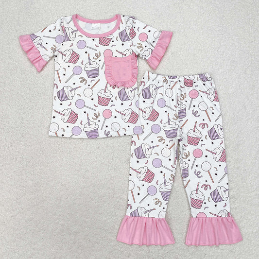 Baby Girls Birthday Cup Cake Pockets Tops Pants Pajamas Clothes Sets