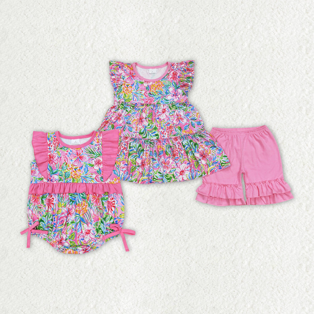 Baby Girls Flowers Sibling Rompers Summer Clothes Sets