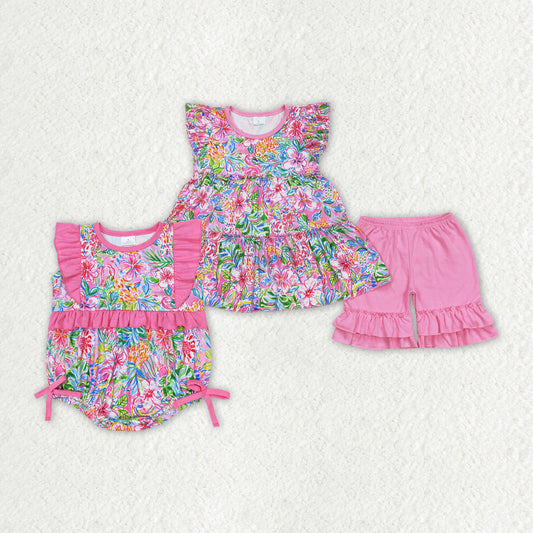 Baby Girls Flowers Sibling Rompers Summer Clothes Sets