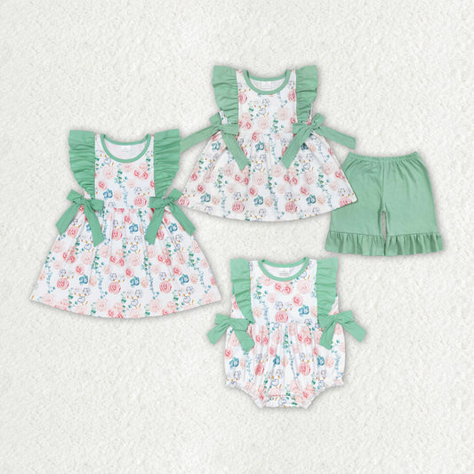 Baby Girls Pink Flowers Sibling Summer Rompers Dresses Clothes Sets