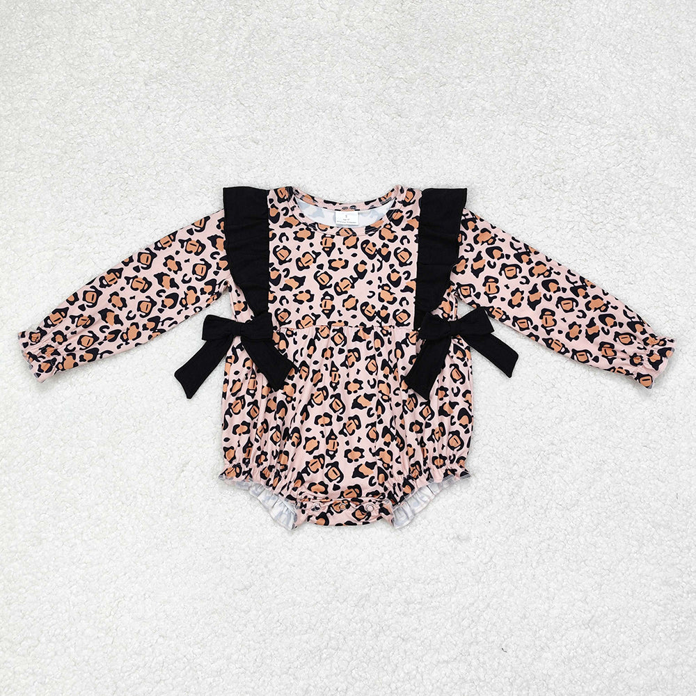 Baby Infant Girls Leopard Bows Long Sleeve Rompers