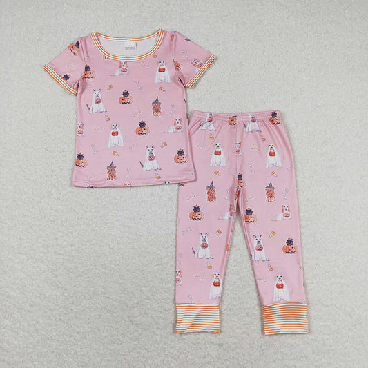 Baby Girls Pink Halloween Dog Pumpkin Shirt Pants Pajamas Clothes Sets