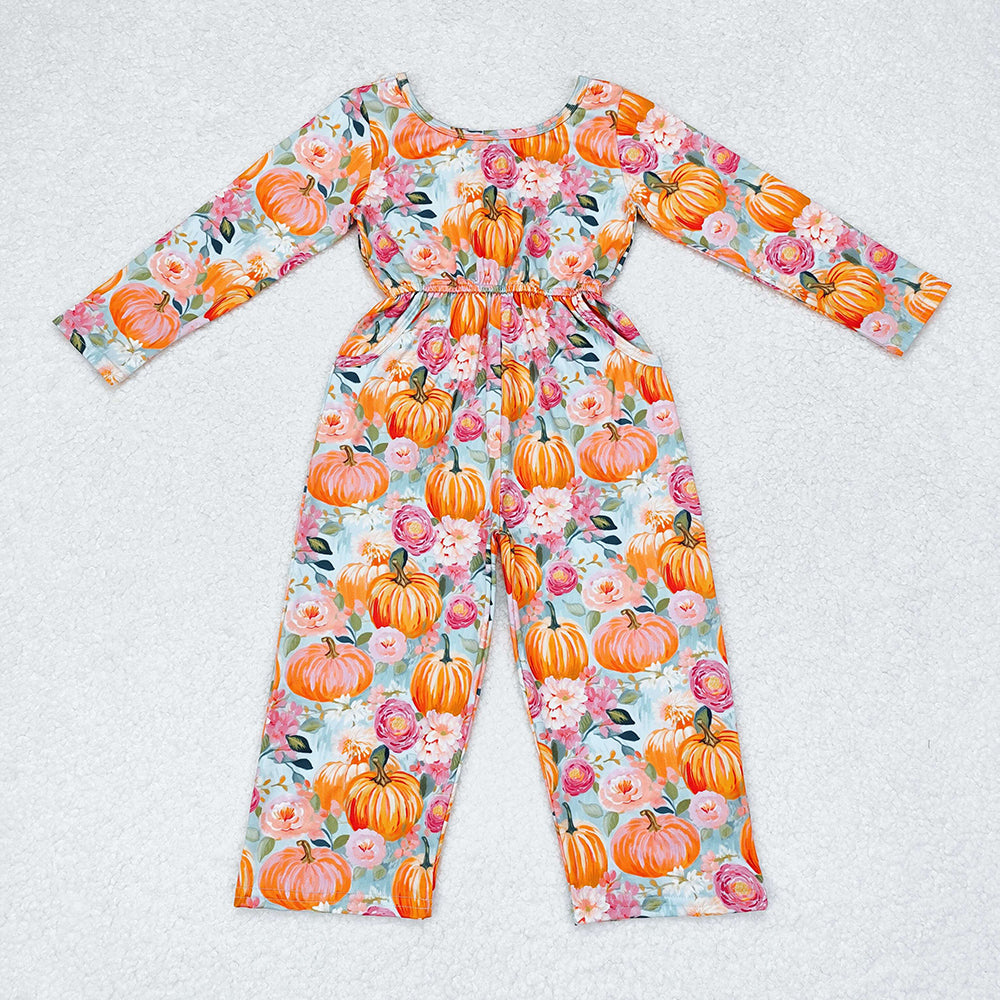 Baby Girls Pumpkin Flowers Pockets Long Sleeve Jumpsuits