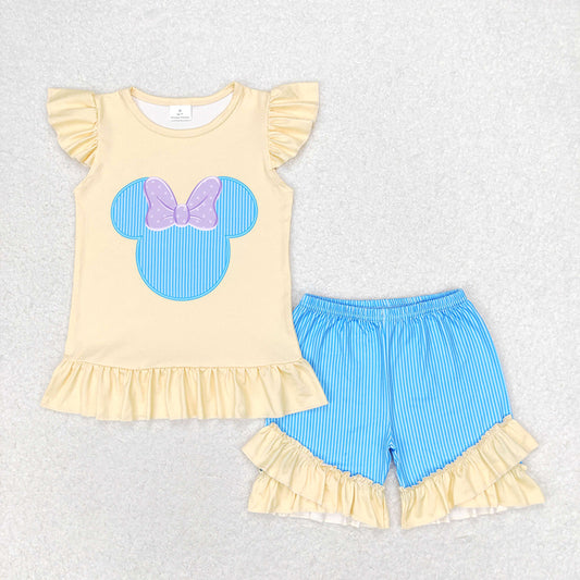Baby Girls Flutter Sleeve Mouse Shirt Top Stripes Shorts Clothes Sets