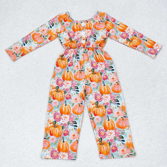 Baby Girls Pumpkin Flowers Pockets Long Sleeve Jumpsuits