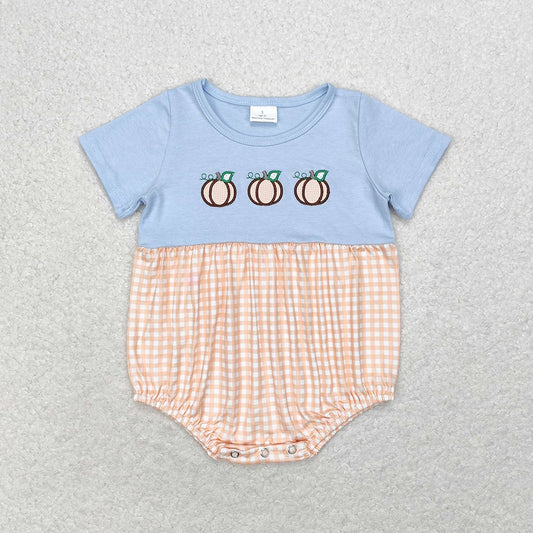 Baby Infant Boys Fall Pumpkin Checkered Short Sleeve Rompers