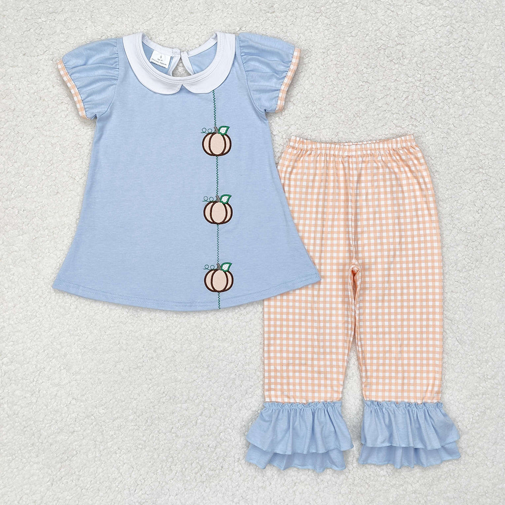 Baby Girls Embroidery Blue Pumpkins Tunic Ruffle Pants Clothes Sets