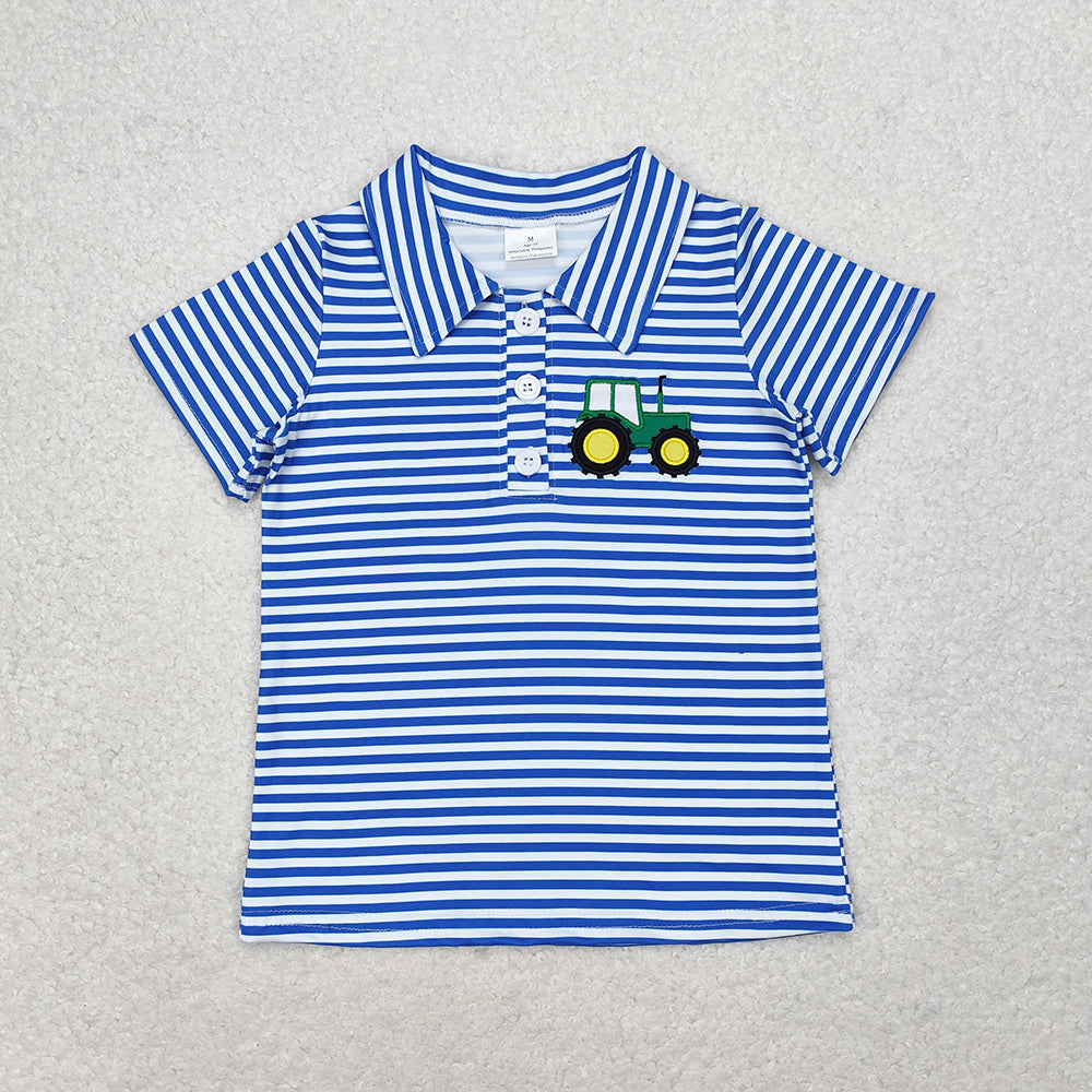 Baby Boys Stripes Tractor Short Sleeve Buttons Tee Shirts Tops