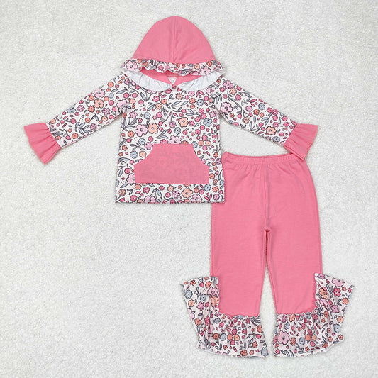 Baby Girls Bright Pink Flowers Hooded Top Ruffles Pants Clothes Sets