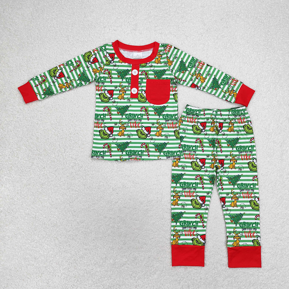 Baby Boys Christmas Green Face Pocket Shirt Pants Pajamas Clothes Sets