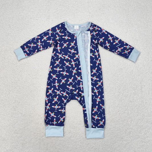 Baby Infant Boys Planes Blue Long Sleeve Bamboo Zippy Rompers