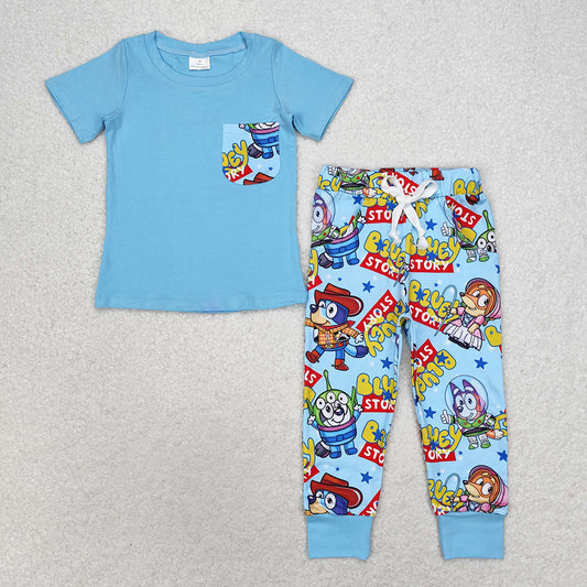 Baby Boys Dogs Blue Short Sleeve Pocket Shirt Pants Clothes Sets