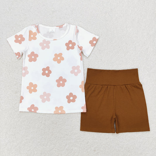 Baby Girls Flowers Short Sleeve Tops Brown Biking Shorts Clothes Sets