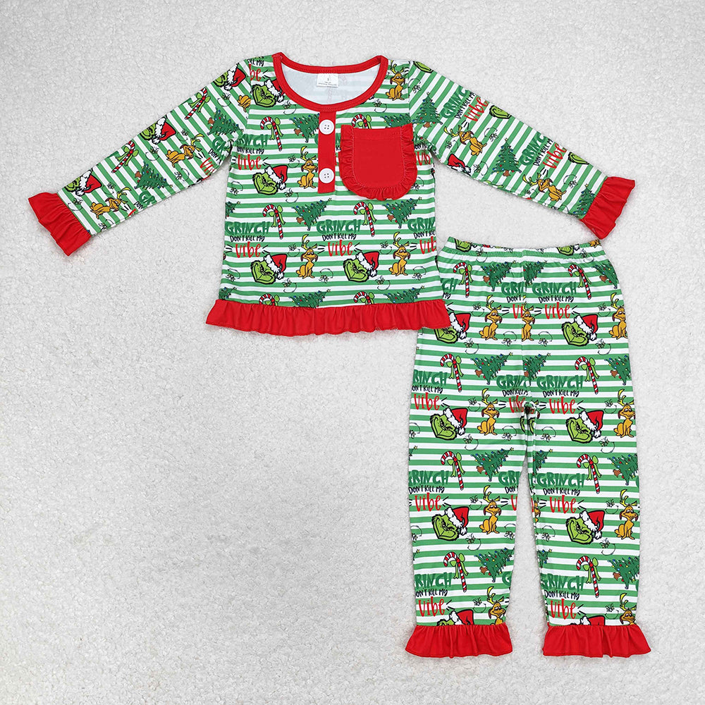 Baby Girls Christmas Green Face Pocket Shirt Pants Pajamas Clothes Sets